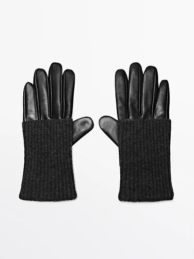 Gants bi-matière en cuir nappa et maille