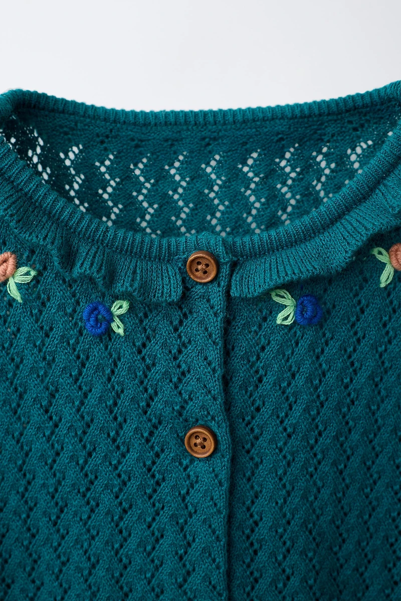 COTTON AND LINEN RUFFLE KNIT CARDIGAN