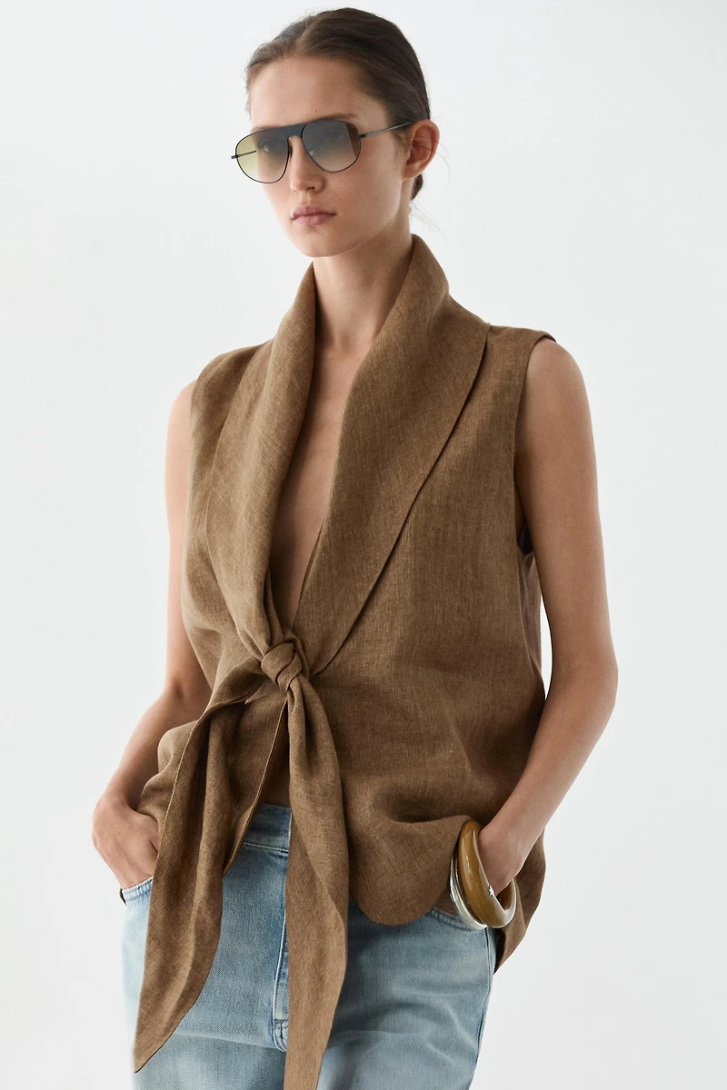 100% linen vest with tie detail