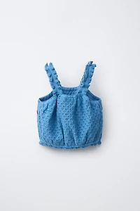 COTTON LINEN KNIT TOP WITH EMBROIDERY AND RUFFLES