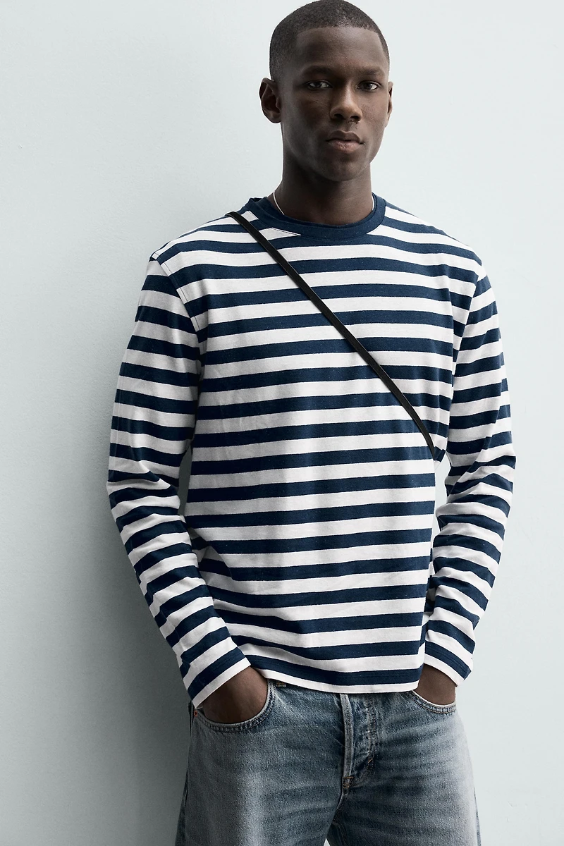 STRIPED LINEN COTTON BLEND LONG SLEEVE T-SHIRT