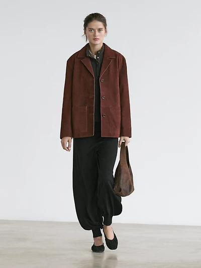 Blazer à revers en cuir nubuck