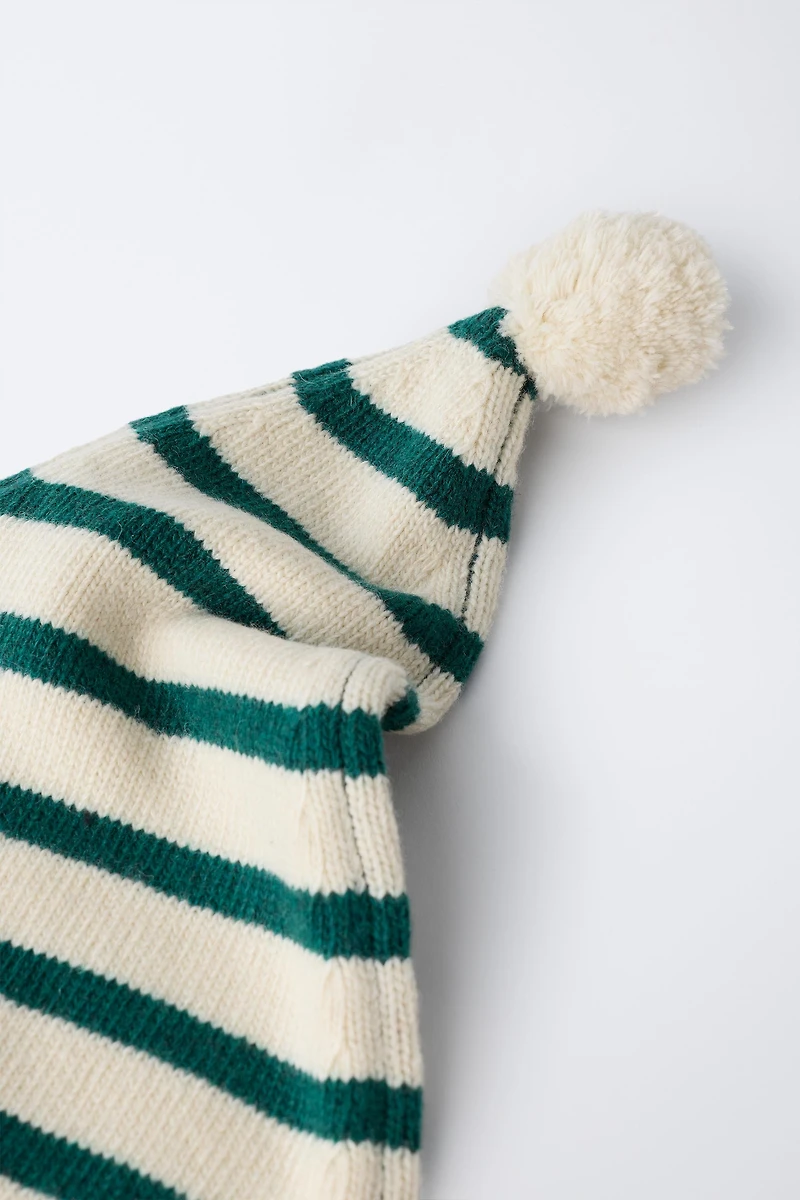 STRIPED KNIT HAT WITH WOOL POMPOM