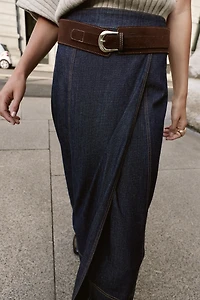 Z1975 BELTED DENIM MIDI WRAP SKIRT
