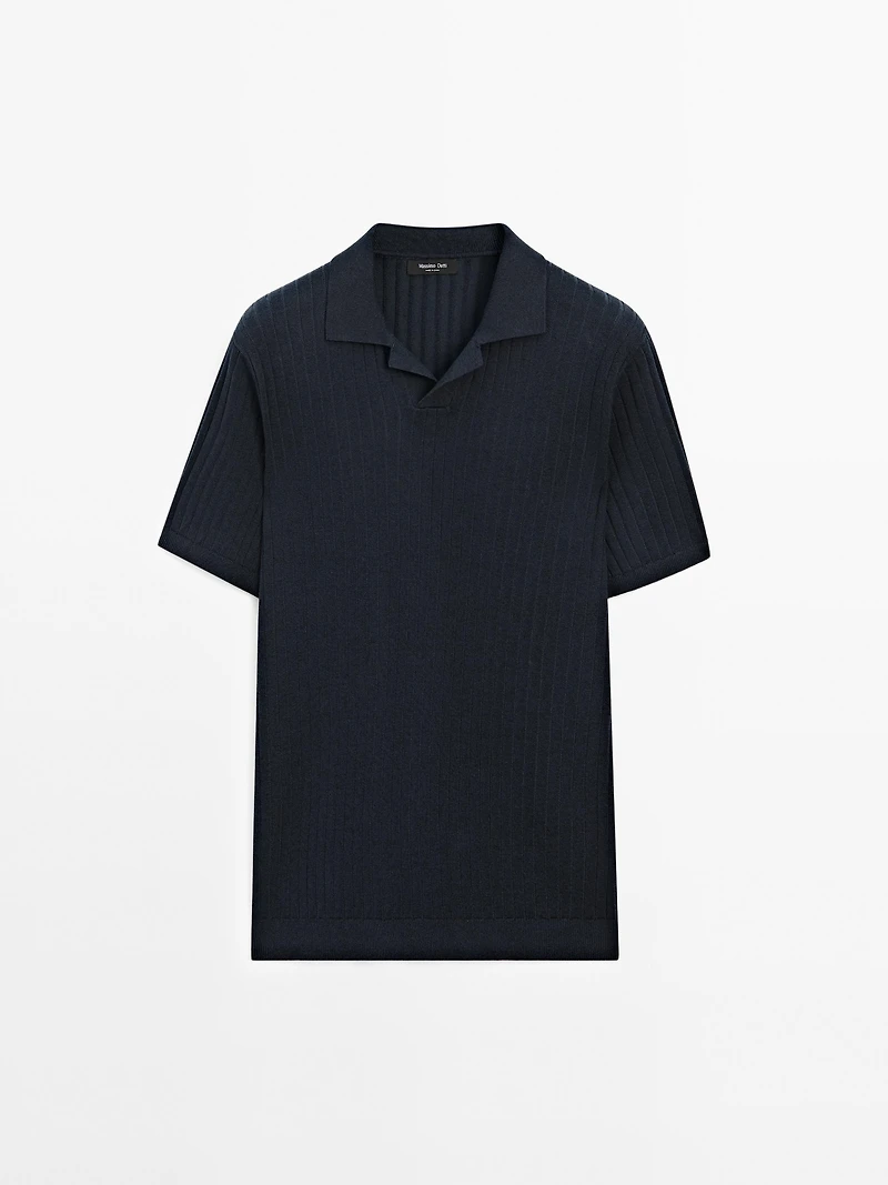 Ribbed knit short sleeve polo shirt