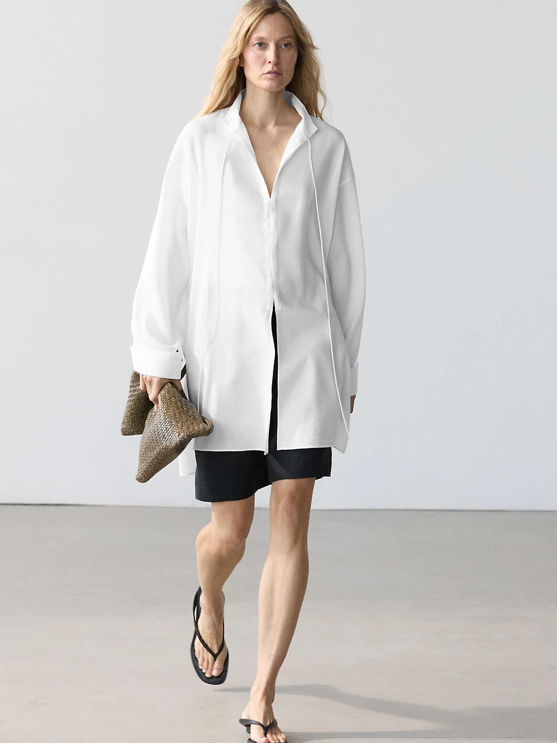 Flowing linen blend shirt with stand collar