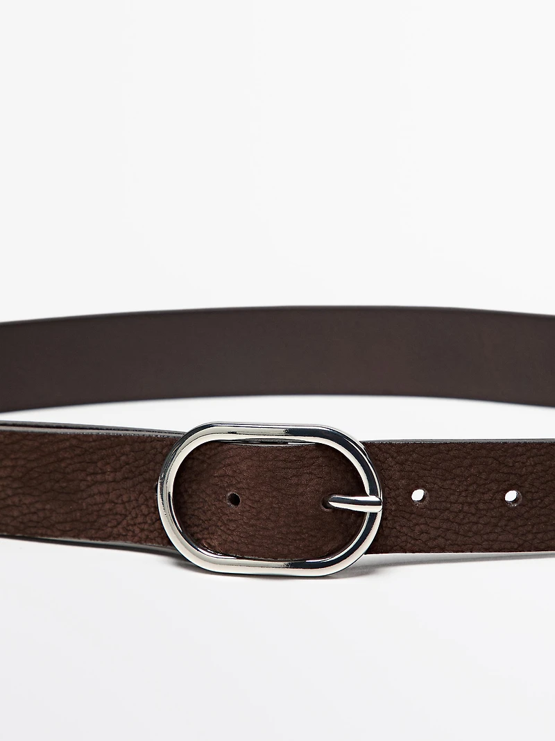 Nubuck leather belt with oval buckle
