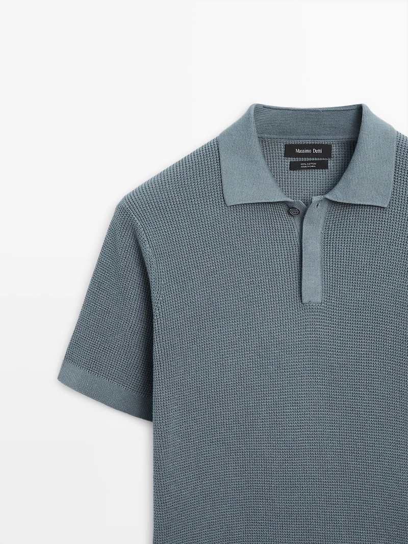 Textured cotton knit polo shirt