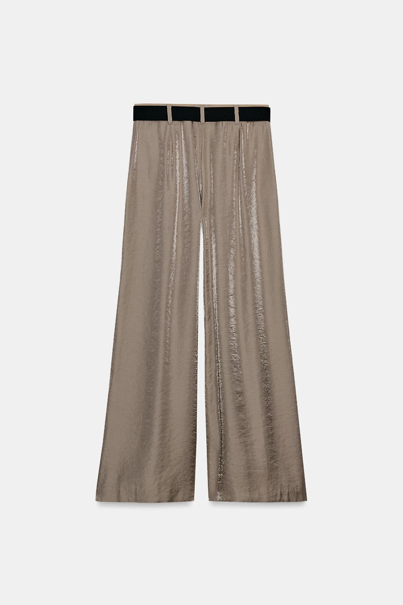 BELTED SATIN WIDE LEG PANTS