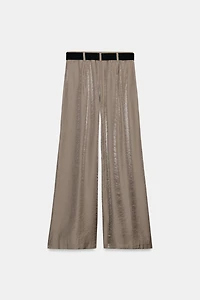 BELTED SATIN WIDE LEG PANTS