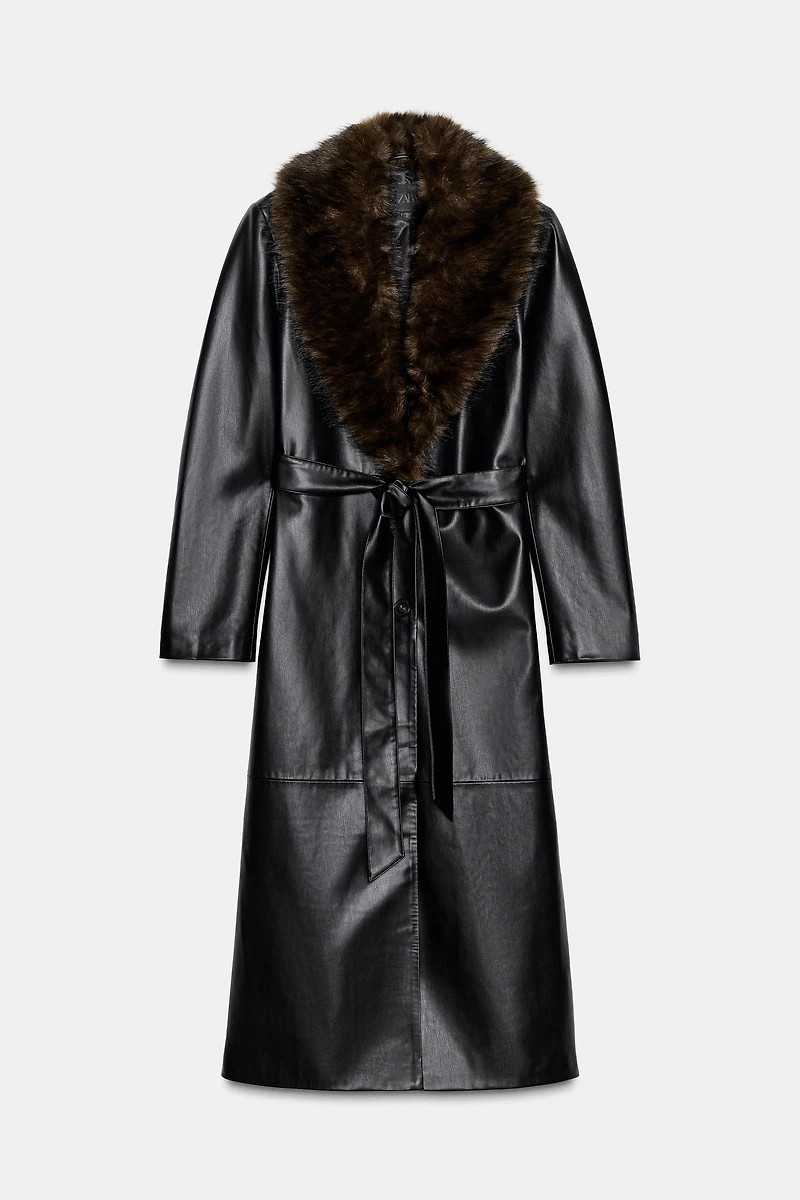 FAUX LEATHER COAT WITH DETACHABLE COLLAR
