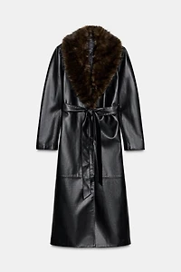 FAUX LEATHER COAT WITH DETACHABLE COLLAR