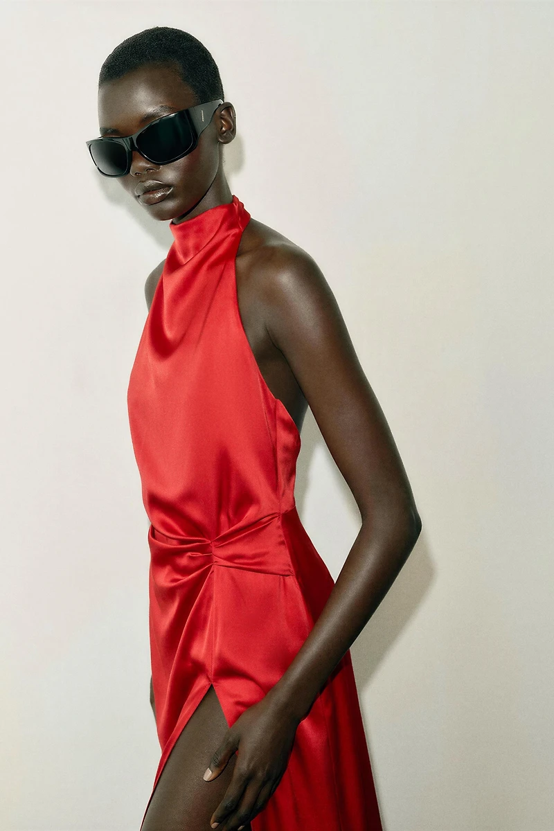 SATIN HALTER MIDI DRESS