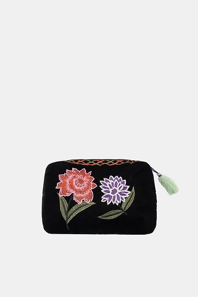 QUILTED VELVET TOILETRY BAG WITH FLORAL EMBROIDERY