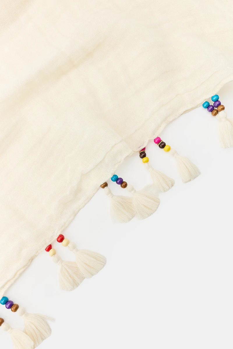 LINEN BEAD AND POMPOM SCARF