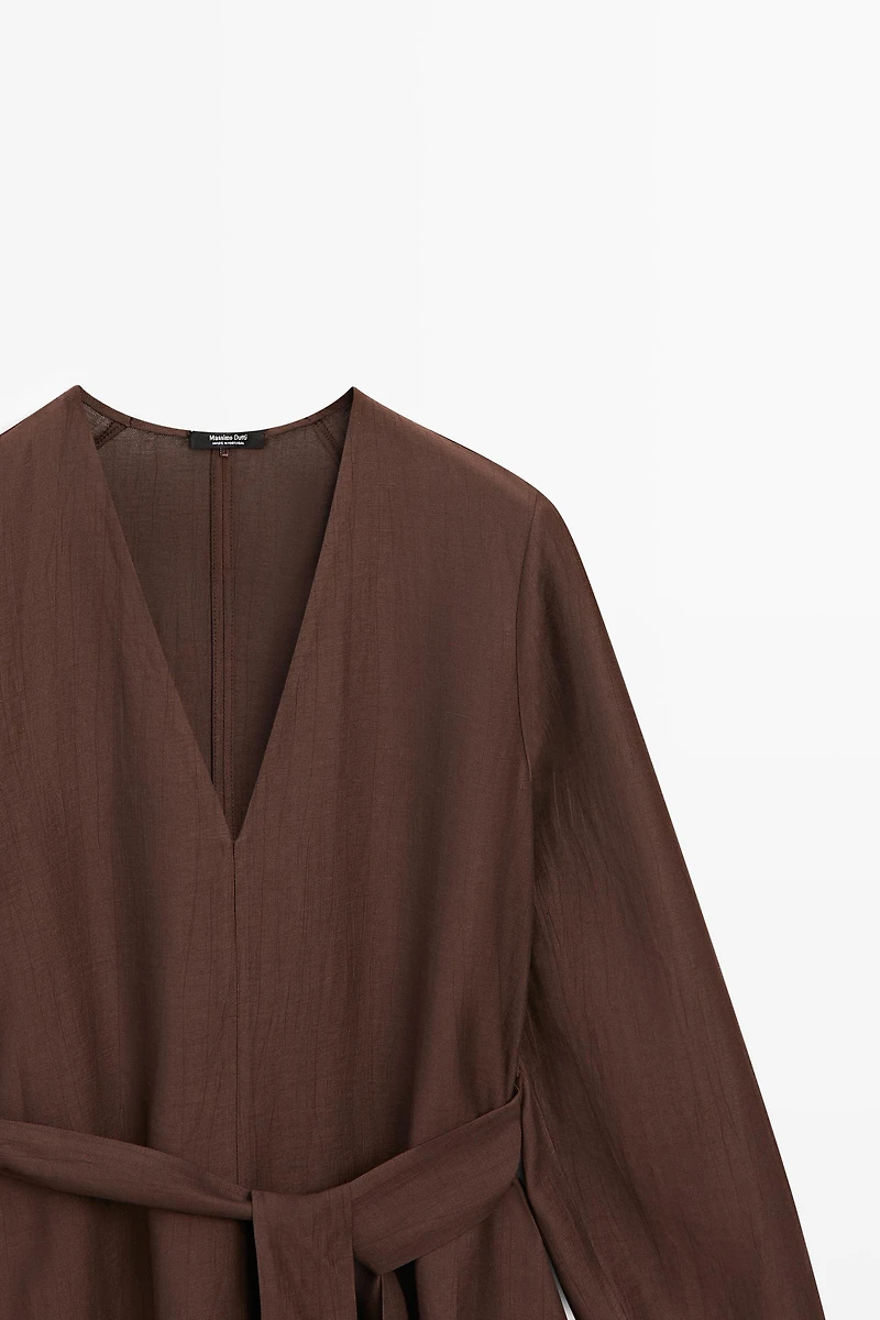 Flowing linen blend midi dress with belt