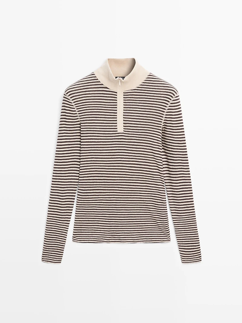 Striped fine knit quarter-zip sweater