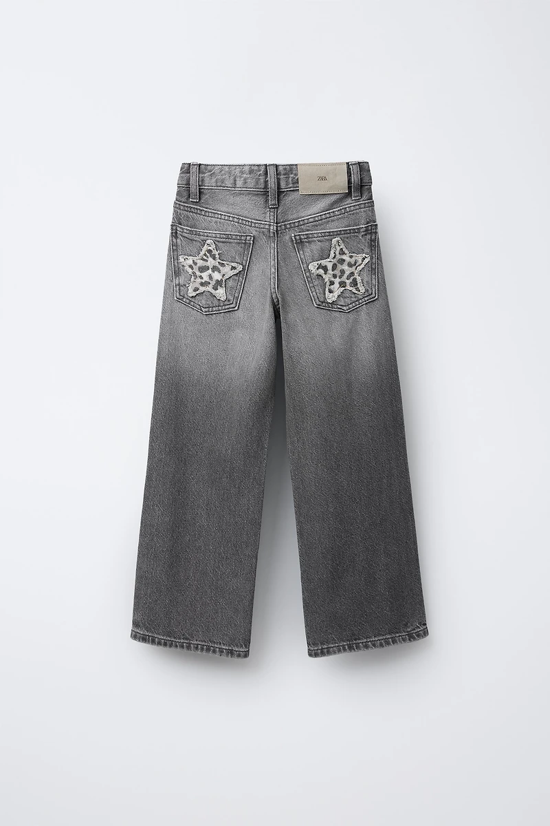 ANIMAL PRINT STAR WIDE LEG JEANS
