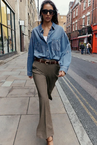 HERRINGBONE BELTED PANTS