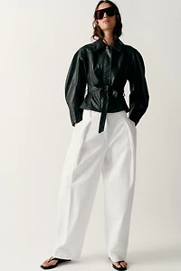 FAUX LEATHER BELTED JACKET