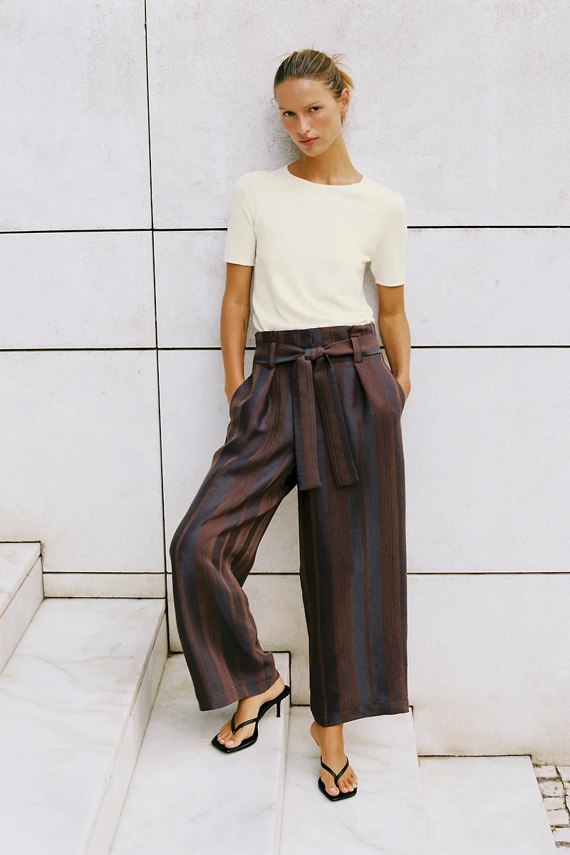 STRIPED BELTED PAPERBAG TROUSERS