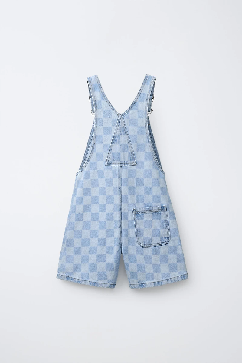 CHECKERBOARD DENIM OVERALL SHORTS