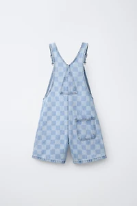 CHECKERBOARD DENIM OVERALL SHORTS