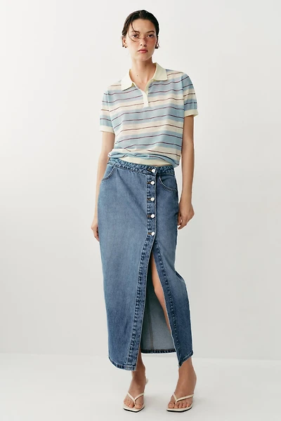 STRIPED KNIT POLO TOP