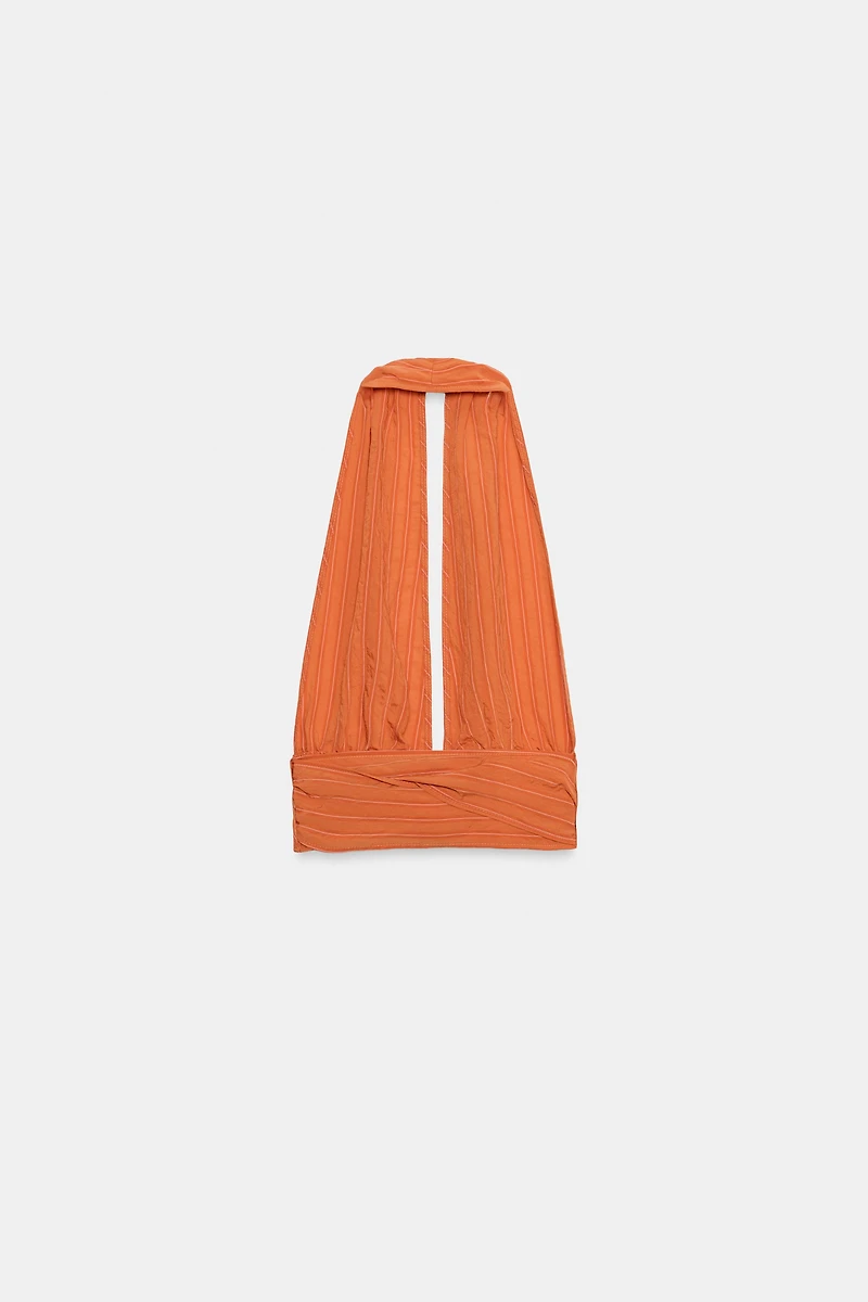 TOP FLUIDE HALTER À RAYURES ET NŒUD