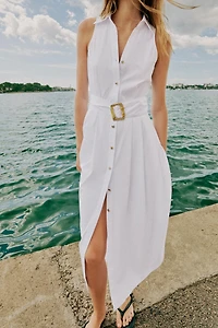 BELTED POPLIN MIDI DRESS