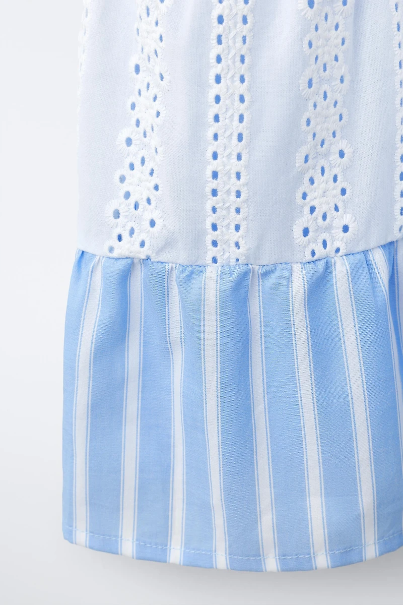 STRIPED AND SWISS EMBROIDERED KNIT DRESS