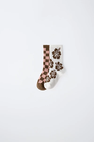 LOT DE DEUX CHAUSSETTES MI-Hautes HIBISCUS ET DAMIER
