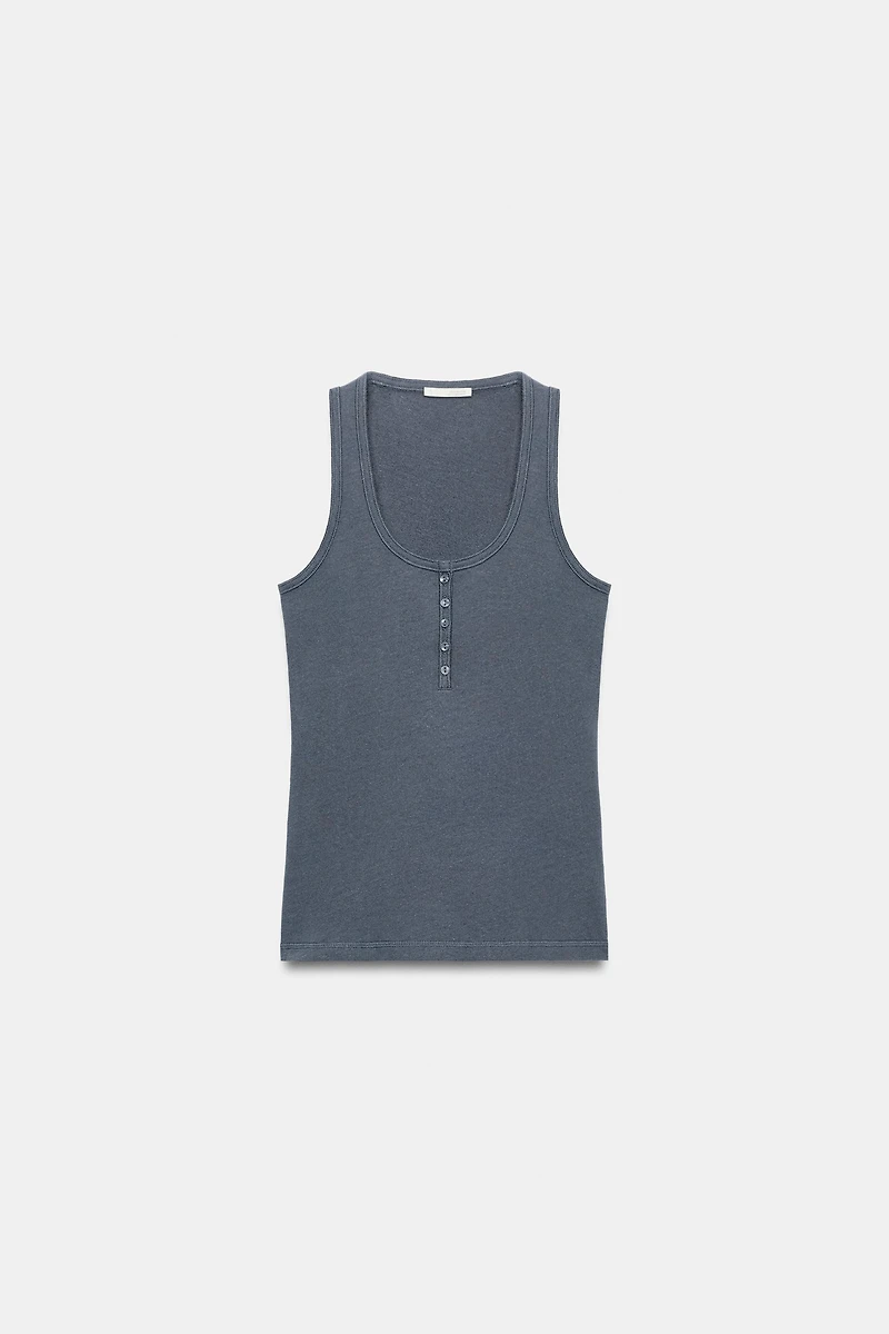 LINEN BLEND BUTTON-FRONT TOP