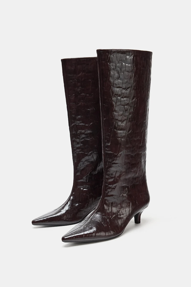 CRACKLED KITTEN HEEL BOOTS