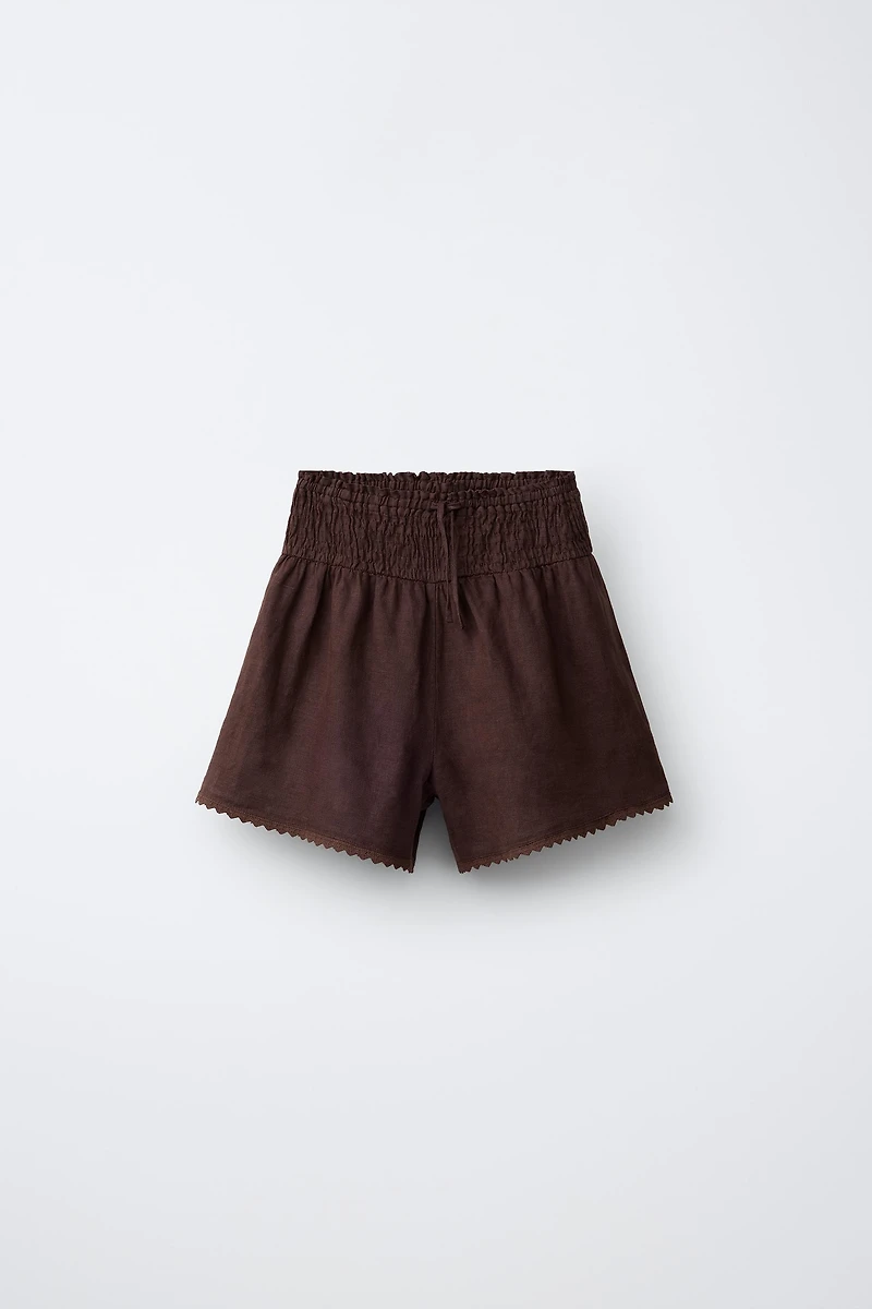 100% LINEN ELASTIC WAIST SHORTS WITH LACE TRIM