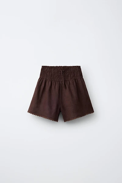 100% LINEN ELASTIC WAIST SHORTS WITH LACE TRIM