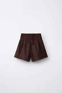 100% LINEN ELASTIC WAIST SHORTS WITH LACE TRIM