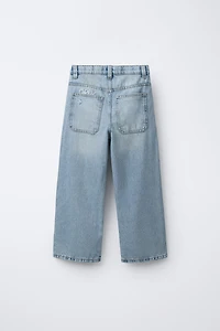 EMBROIDERED TEXT WIDE LEG JEANS