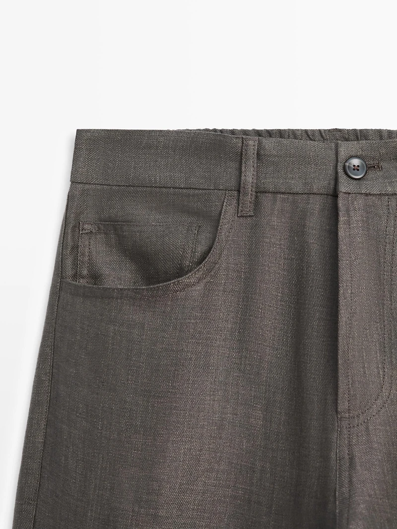 Linen semi-jogger fit denim-effect trousers