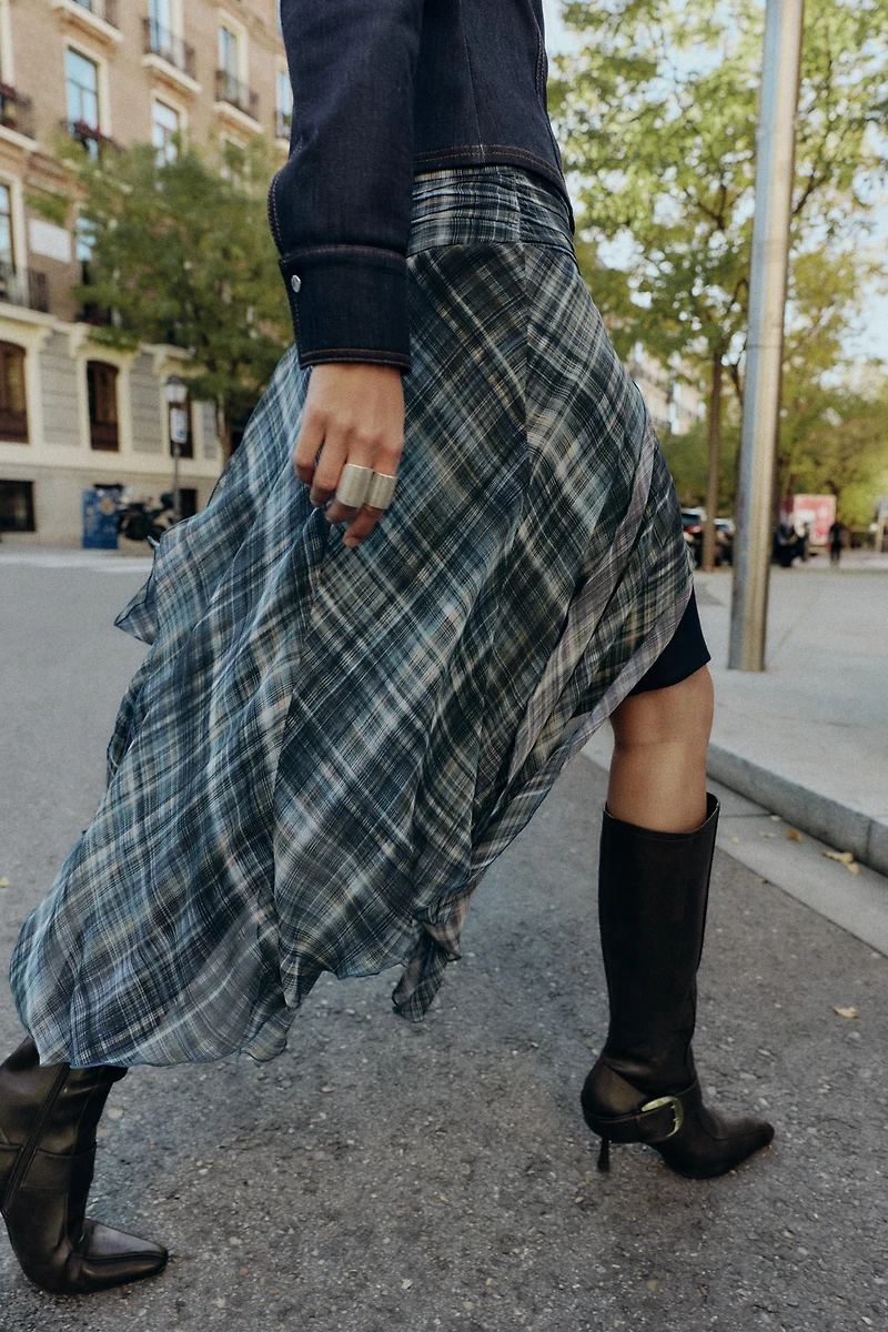 PLAID ASYMMETRIC MIDI SKIRT