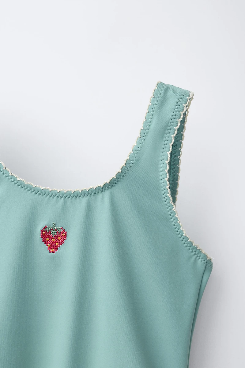 6-14 YEARS/ EMBROIDERED STRAWBERRY SWIMSUIT