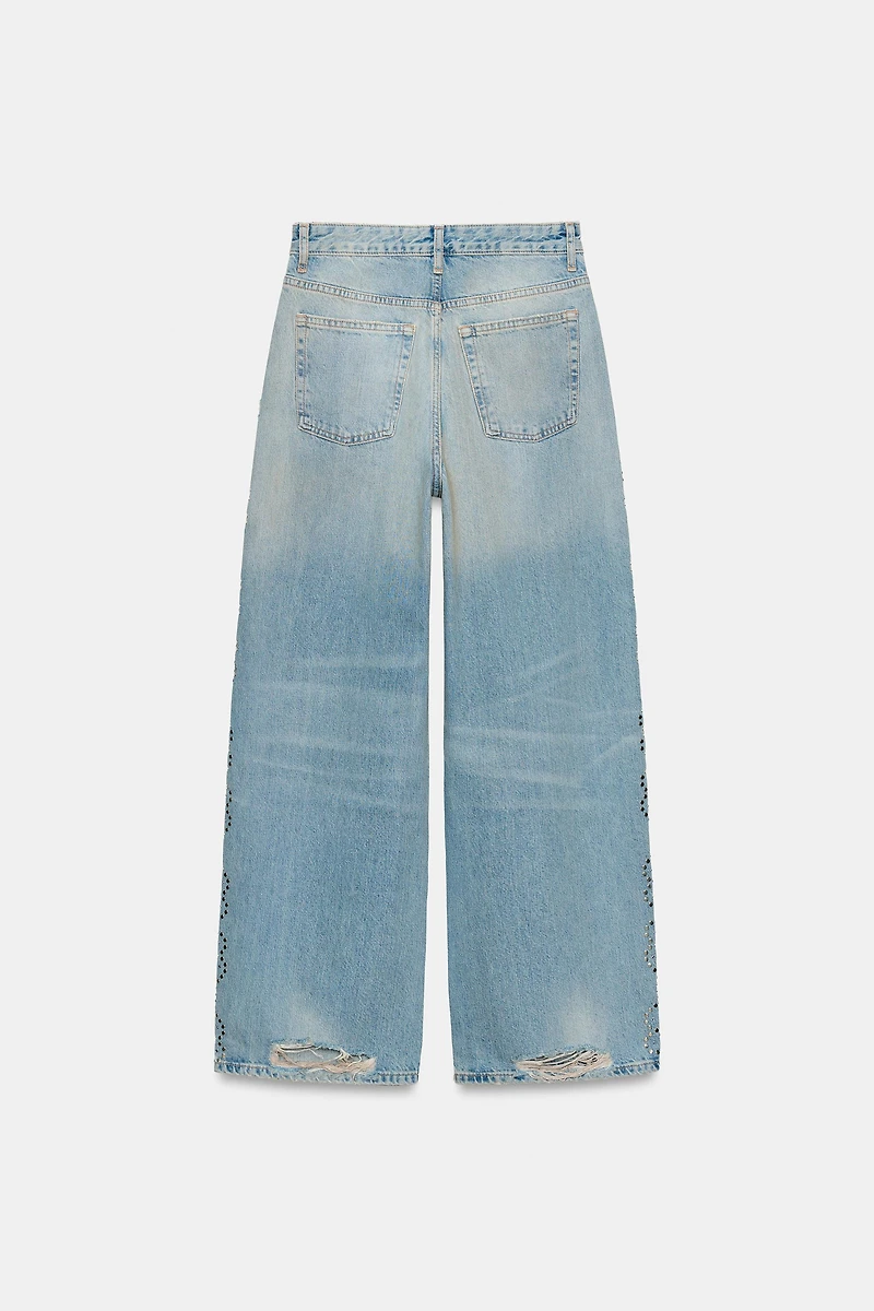 TRF RIPPED STUDDED WIDE LEG JEANS