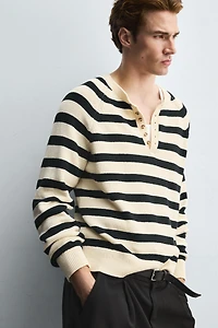 STRIPED SWEATER WITH BUTTON NECK