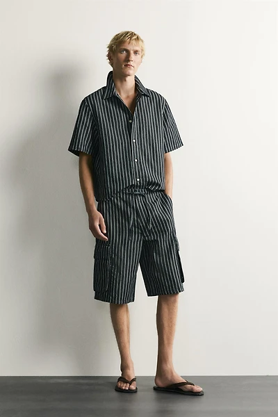 STRIPED COTTON-LINEN DENIM SHIRT