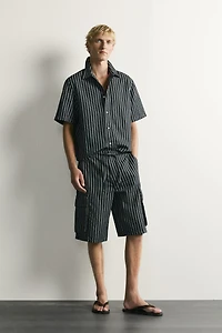 STRIPED COTTON-LINEN DENIM SHIRT