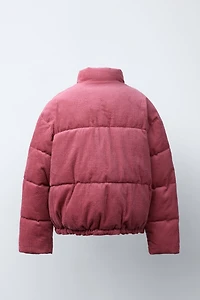 EMBROIDERED TEXT CORDUROY PUFFER JACKET