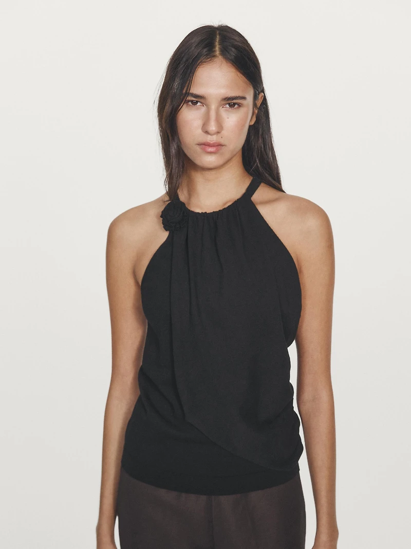 Knit cotton top with floral detail