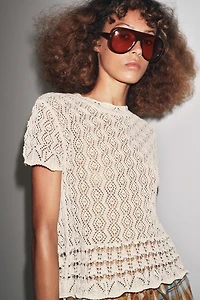 SHORT SLEEVE POINTELLE KNIT TOP