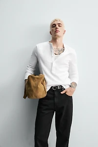 RIBBED SHIRT WITH BUTTON NECK