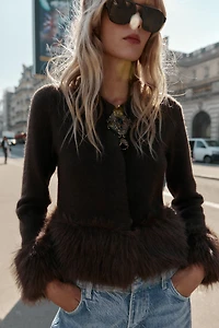 FAUX FUR TRIM KNIT CARDIGAN